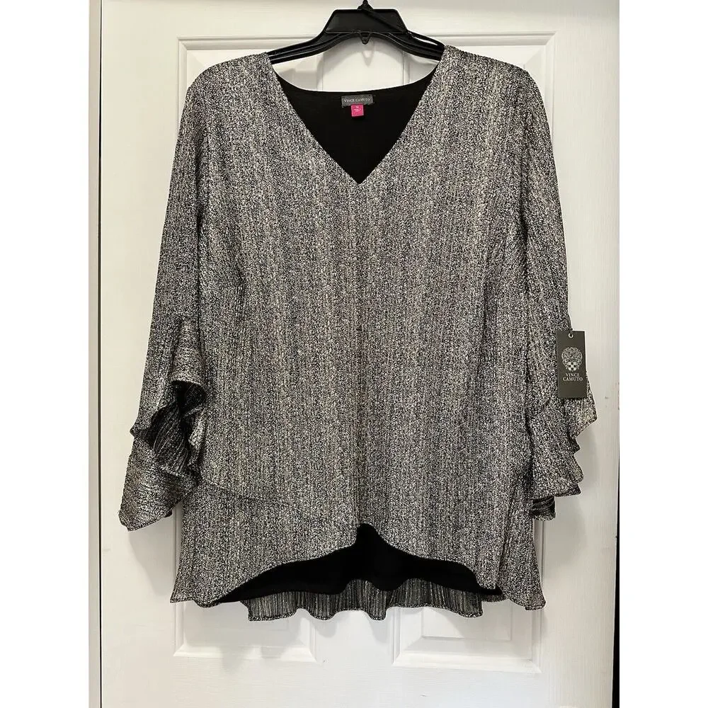 VINCE CAMUTO Plus-Size MetallicStripe FlutterSleeve Blouse 3X Sparkle and shine